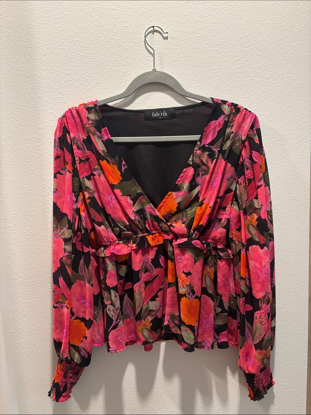 fab'rik Black Floral V-Neck Peplum Blouse with Pink & Orange Blooms